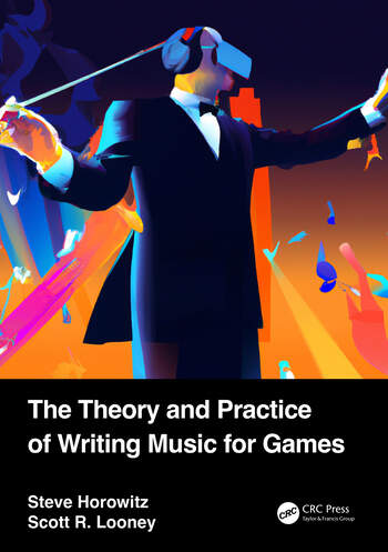 A stylized illustration of a person in a suit wearing a VR headset, conducting with a baton amid floating, colorful musical notes and shapes. The book title and authors appear at the bottom.