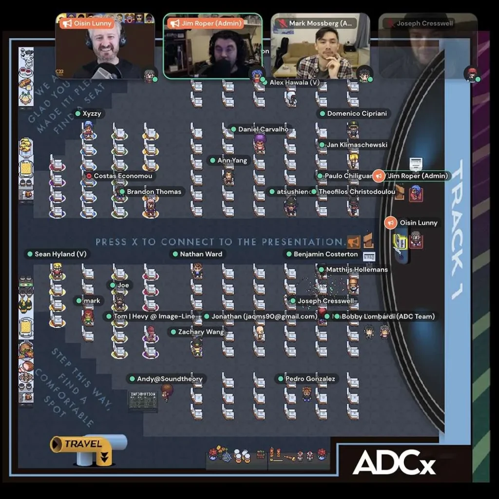A virtual conference interface shows small avatars arranged in rows of tables. Several participants video feeds appear at the top. The screen displays PRESS X TO CONNECT TO THE PRESENTATION! and an ADCx logo is in the bottom right corner.