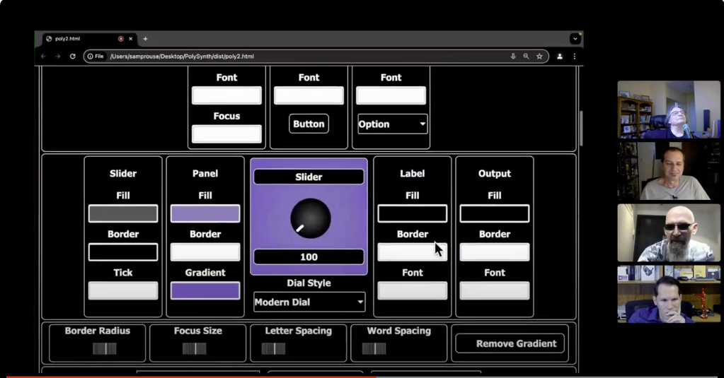 A computer interface displays various customizable button settings for a slider control. Four people are visible in video call windows on the right side of the screen. The browser window is in dark mode.