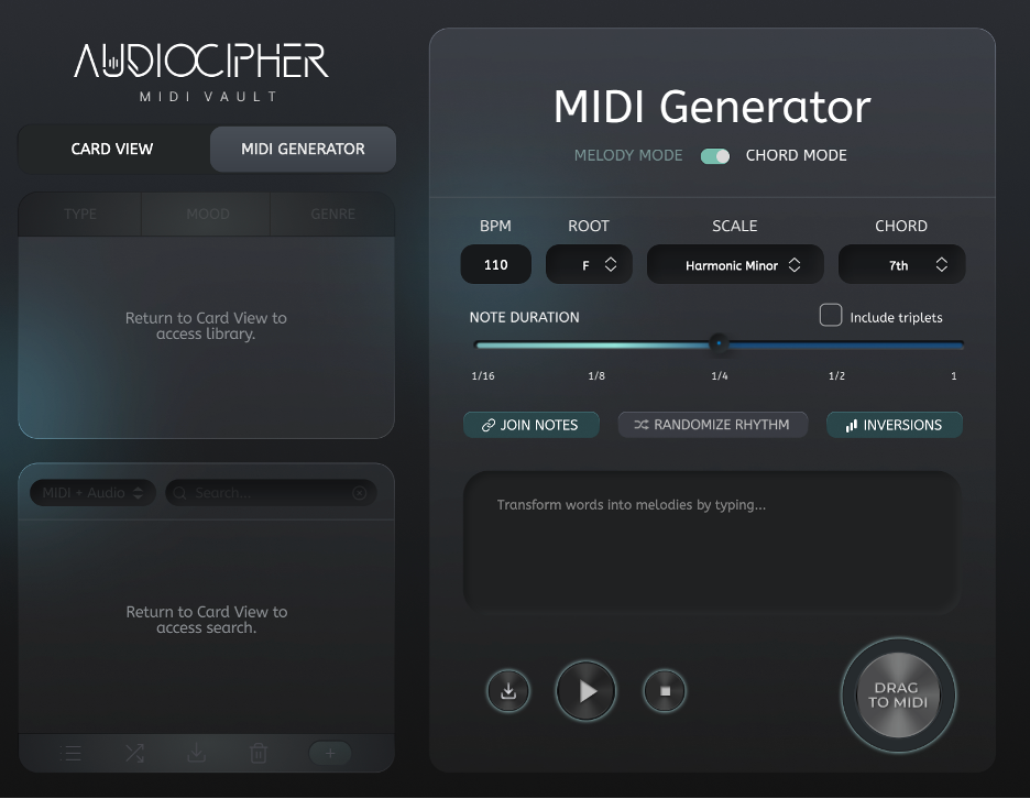 A dark-themed music software interface titled MIDI Generator with controls for BPM, root, scale, chord, and note duration. Options include join notes, randomize rhythm, and inversions. Drag to MIDI button is at the bottom right.