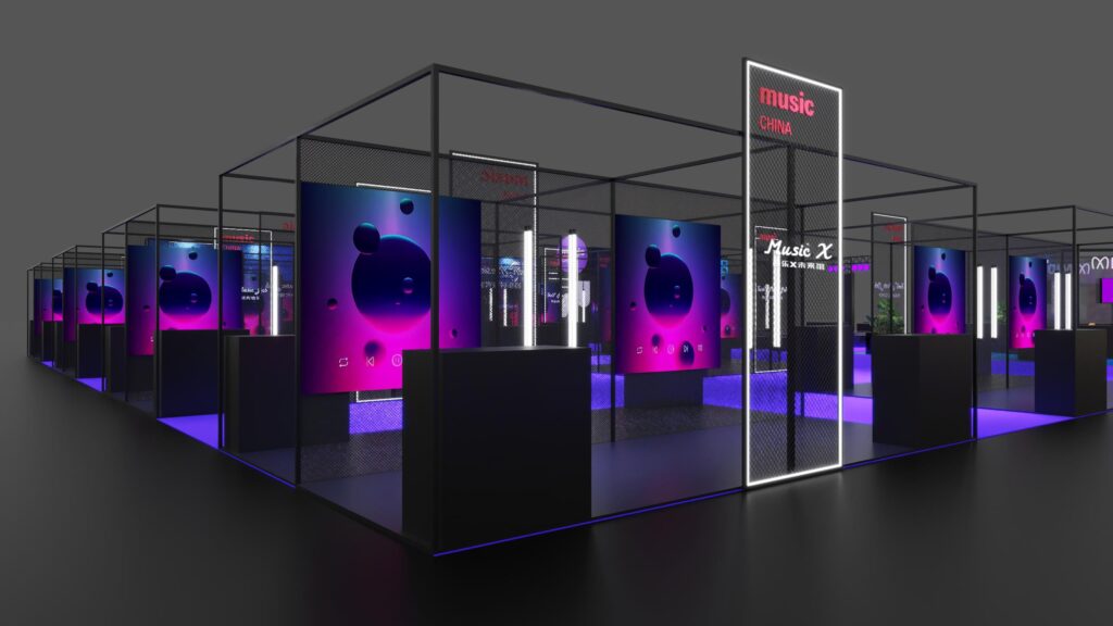 A modern exhibition booth with transparent walls, neon purple and blue lighting, and digital screens displaying abstract music-themed graphics in a dark, open space. Signs read music and China.