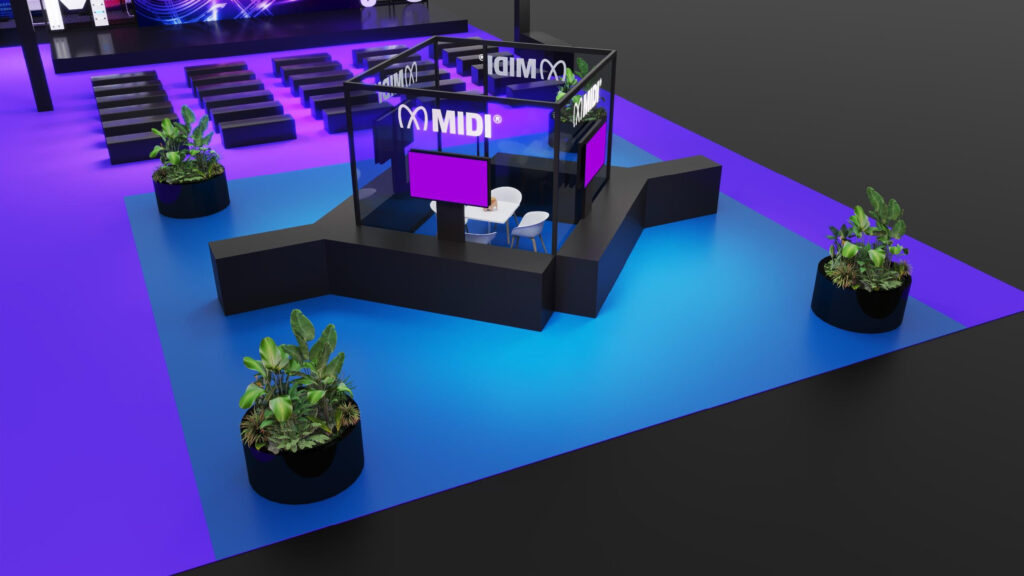 A modern exhibition booth with MIDI branding, glass walls, screens, and white stools sits on a blue and purple floor, surrounded by large potted plants and rows of seating in the background.