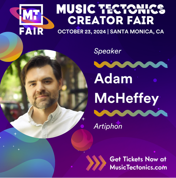 A promotional graphic for the Music Tectonics Creator Fair featuring speaker Adam McHeffey from Artiphon. The event is on October 23, 2024, in Santa Monica, CA. A photo of Adam is shown with colorful abstract designs.