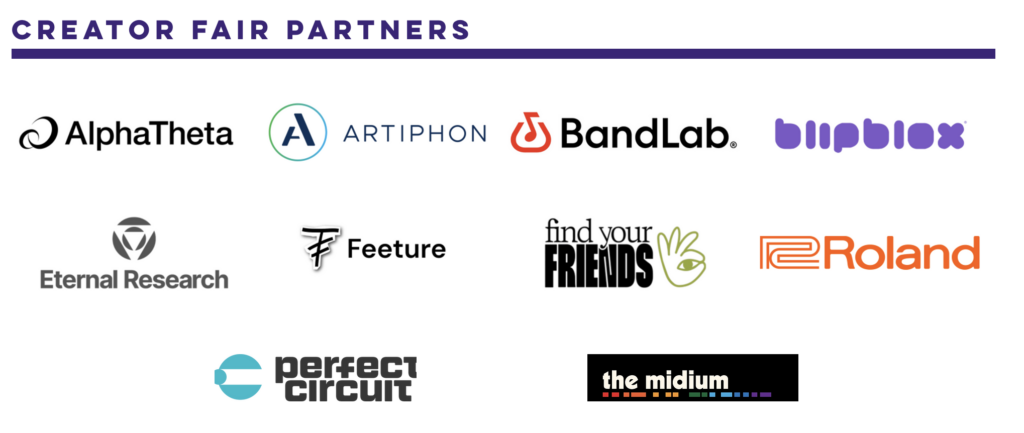 Logos of Creator Fair Partners including AlphaTheta, Artiphon, BandLab, Blipblox, Eternal Research, Feeture, Find Your Friends, Roland, Perfect Circuit, and The Midiium on a white background.