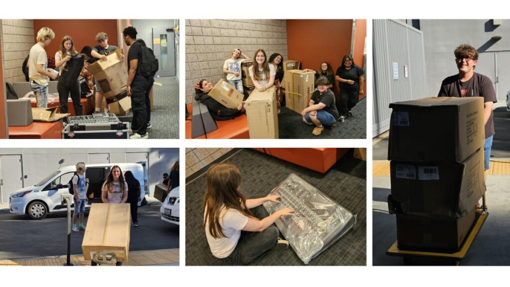 A collage of students moving and unpacking large cardboard boxes and equipment outside and inside a school building, some smiling and working together to carry or open the boxes.