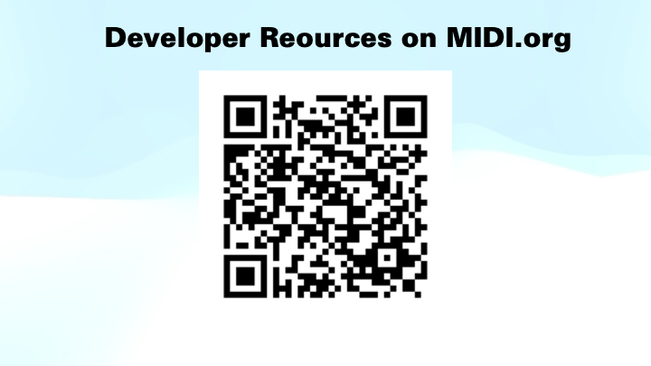 A QR code is centered below the bold text Developer Resources on MIDI.org against a blue and white gradient background.