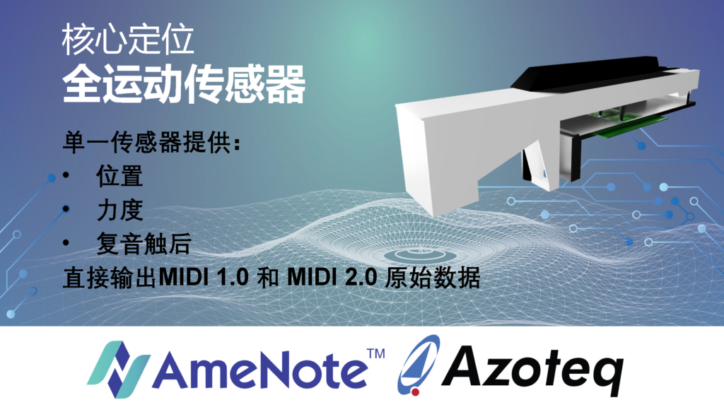 A promotional graphic for AmeNote and Azoteq featuring a motion sensor device, Chinese text describing its features (position, force, aftertouch), and MIDI 1.0/2.0 data output. Blue digital wave background.