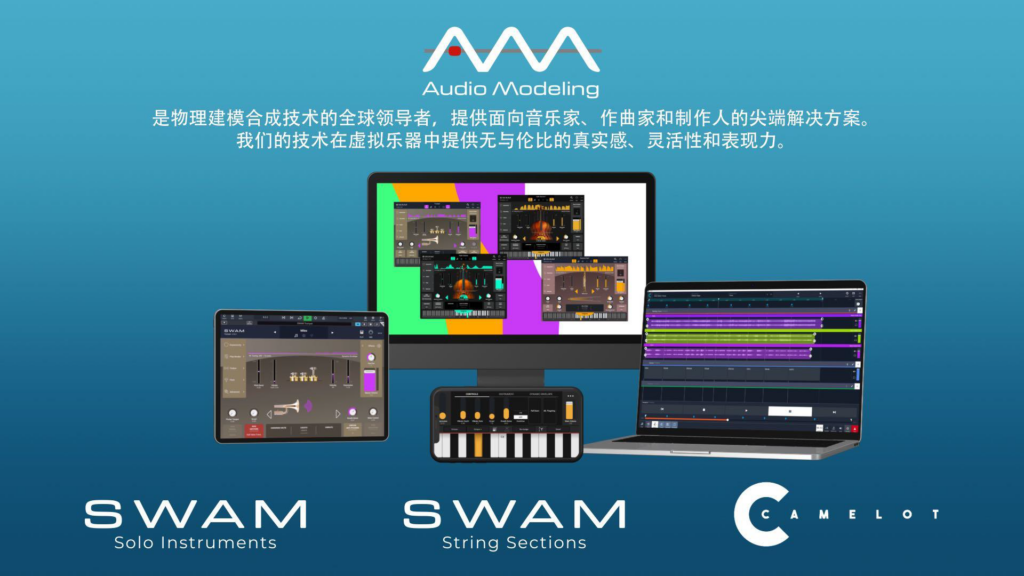 A promotional graphic for Audio Modeling shows digital instrument interfaces on multiple devices with logos for SWAM Solo Instruments, SWAM String Sections, and Camelot, plus Chinese text describing flexible music production solutions.