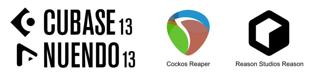 Logos of four digital audio workstations: left column has Cubase 13 and Nuendo 13 logos in black; right column shows Cockos Reaper’s colorful triangular logo and Reason Studios Reason black and white hexagon logo.