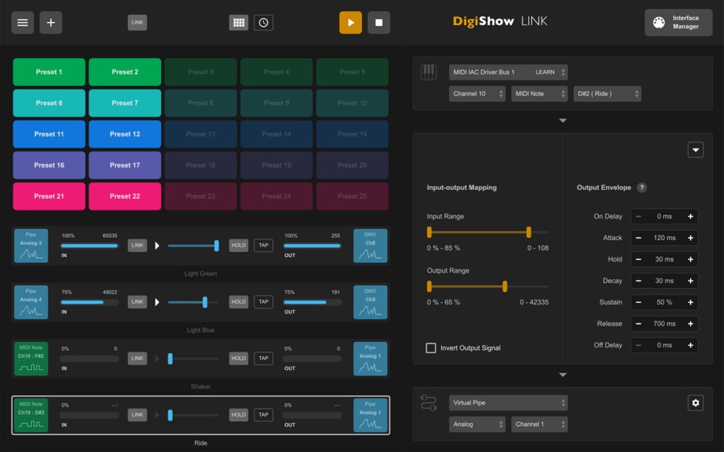 A digital interface for controlling sound or lighting settings, featuring colorful preset buttons, sliders for various controls, and options to adjust input-output mapping, output envelope, and MIDI/DMX channel settings.