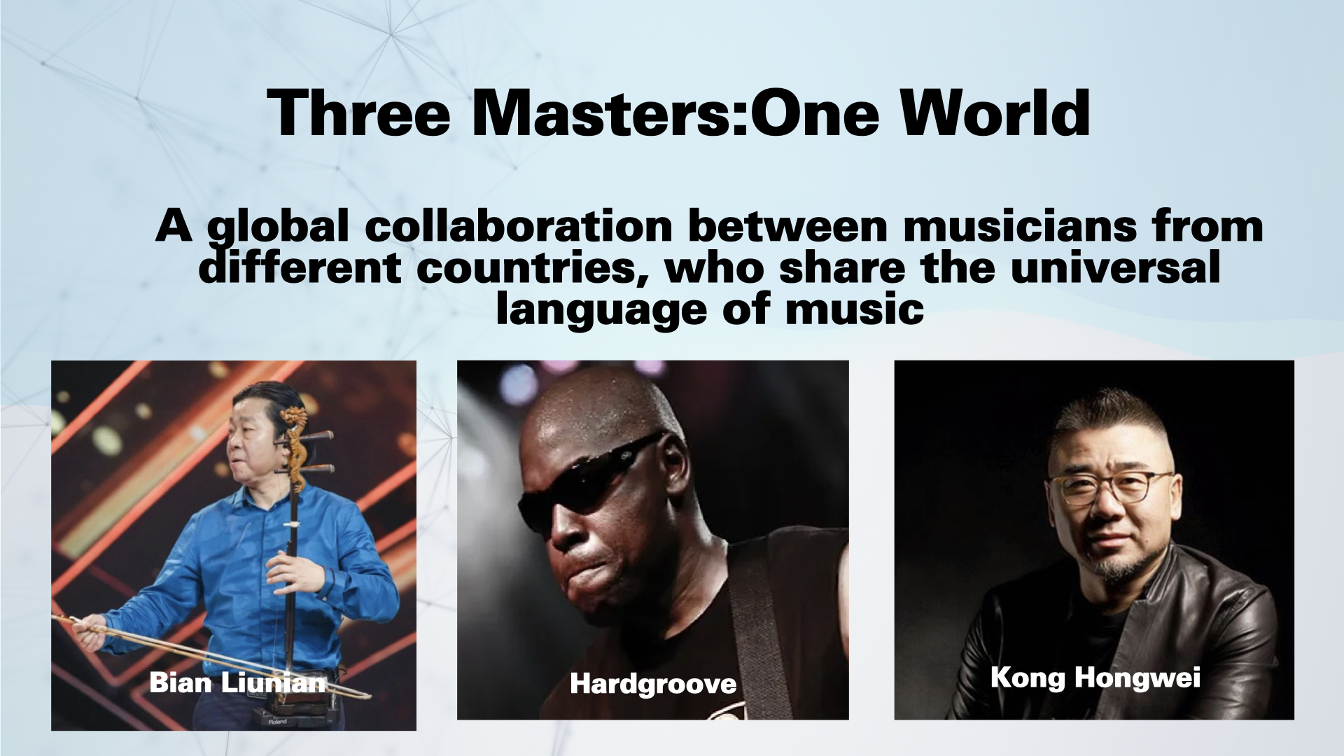 A promotional graphic titled Three Masters: One World featuring a global music collaboration. It shows photos of three musicians: Bian Liunian, Hardgroove, and Kong Hongwei with a brief description above.