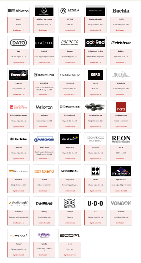A grid of 48 logos representing various synthesizer brands, each in its own box with the brand name, logo, and category listed below, such as Ableton, Korg, Roland, Yamaha, and more.
