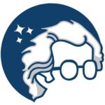 A stylized drawing of wavy white hair and round glasses in front of a dark blue circle with three sparkles, resembling a playful scientist or Einstein icon.