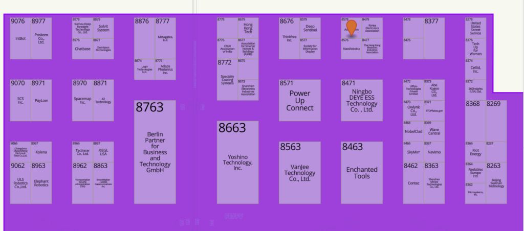 Exhibition floor plan with purple background, showing numbered booths and company names, including Berlin Partner for Business and Technology GmbH, Power Up Connect, Enchanted Tools, and others.