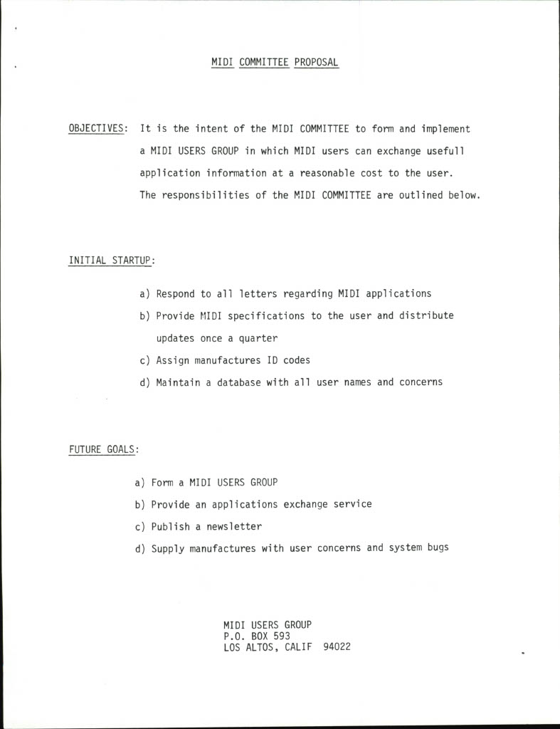 A typed document titled MIDI COMMITTEE PROPOSAL outlines objectives, initial startup actions, and future goals for supporting MIDI users, ending with a postal address for the MIDI Users Group in Los Altos, California.
