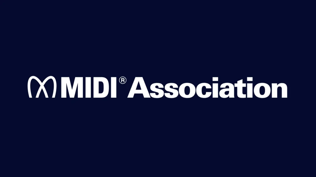 White text on a dark blue background reads MIDI Association with a stylized M logo to the left of the text.