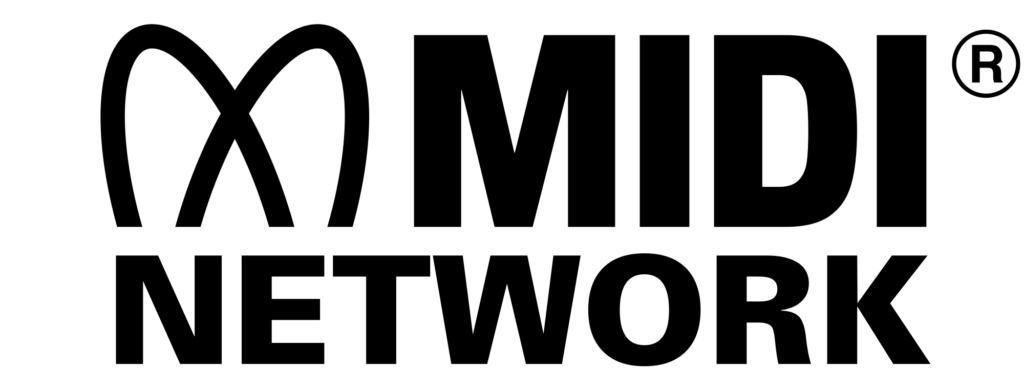 Black and white logo with a stylized M symbol next to the words MIDI NETWORK in bold, uppercase letters, with a registered trademark symbol at the top right.