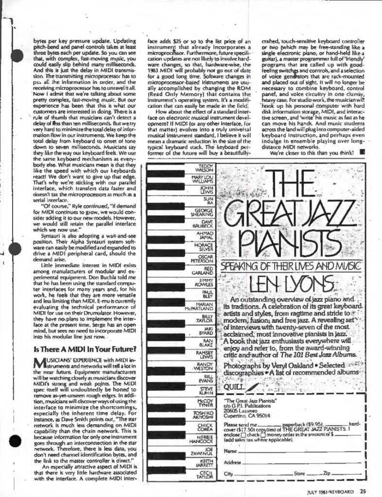 A black-and-white magazine page features an article about MIDI technology on the left and an advertisement for The Great Jazz Pianists book on the right, with a vertical piano keyboard illustration separating the two.