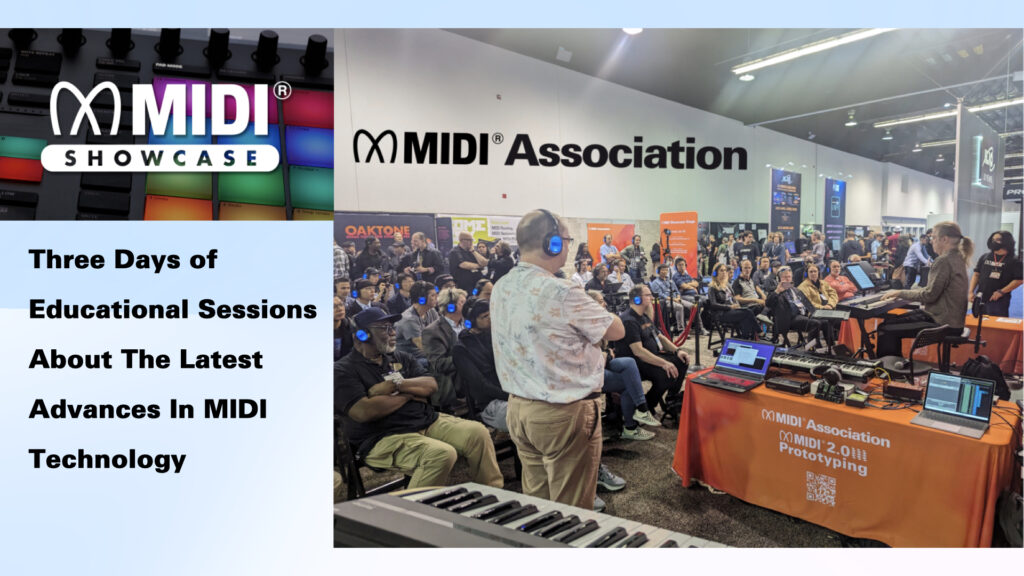 A large crowd wearing headphones attends a MIDI Association event with live demos and presentations about new MIDI technology. A sign on the left promotes three days of educational sessions and advances in MIDI technology.