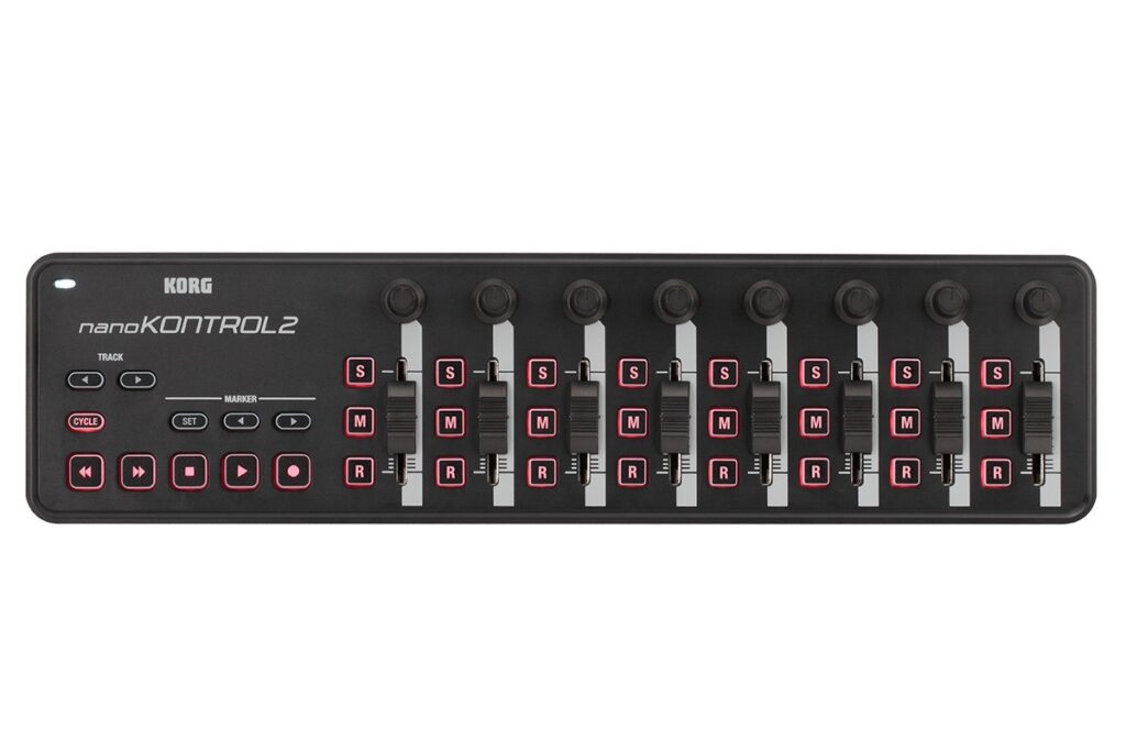 A black Korg nanoKONTROL2 MIDI controller with eight sliders, eight knobs, and multiple buttons, all with pink backlighting. The device is rectangular, compact, and designed for music production and control.