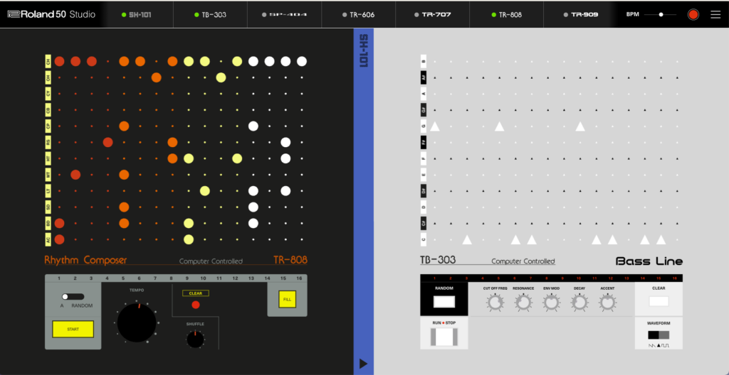 Digital interface showing two classic Roland music machines: the TR-808 drum machine on the left with orange and yellow step buttons, and the TB-303 bass synthesizer on the right with white and gray controls.