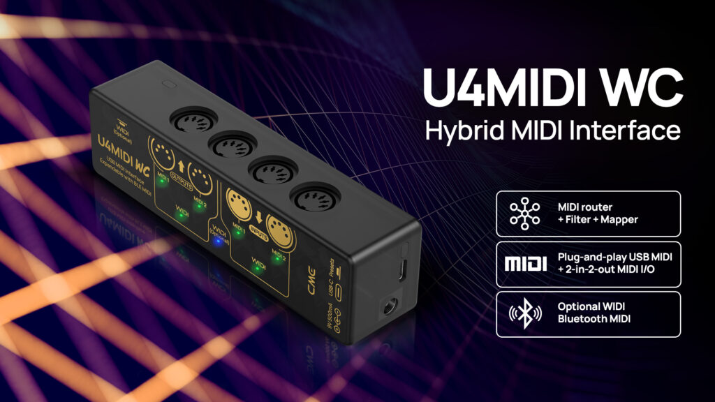 A black U4MIDI WC Hybrid MIDI Interface device is shown with multiple MIDI ports. The image highlights its features: MIDI router, USB MIDI, 2-in-2-out MIDI I/O, and optional Bluetooth MIDI. Digital lines form the background.
