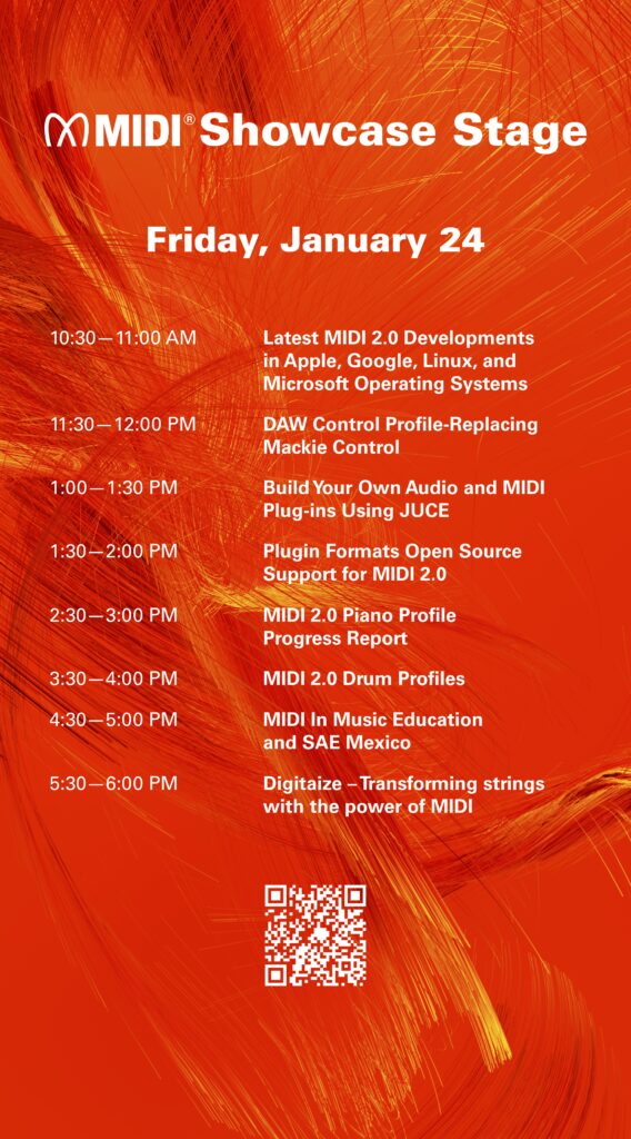 Schedule for the MIDI Showcase Stage on Friday, January 24. Lists session times and topics, including MIDI 2.0 developments, DAW control, building plugins, format support, piano and drum profiles, music education, and digital strings.
