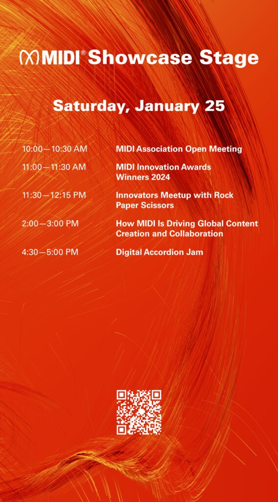 MIDI Showcase Stage schedule for Saturday, January 25, featuring five events from 10:00 AM to 5:00 PM, with an orange background and a scannable QR code at the bottom.
