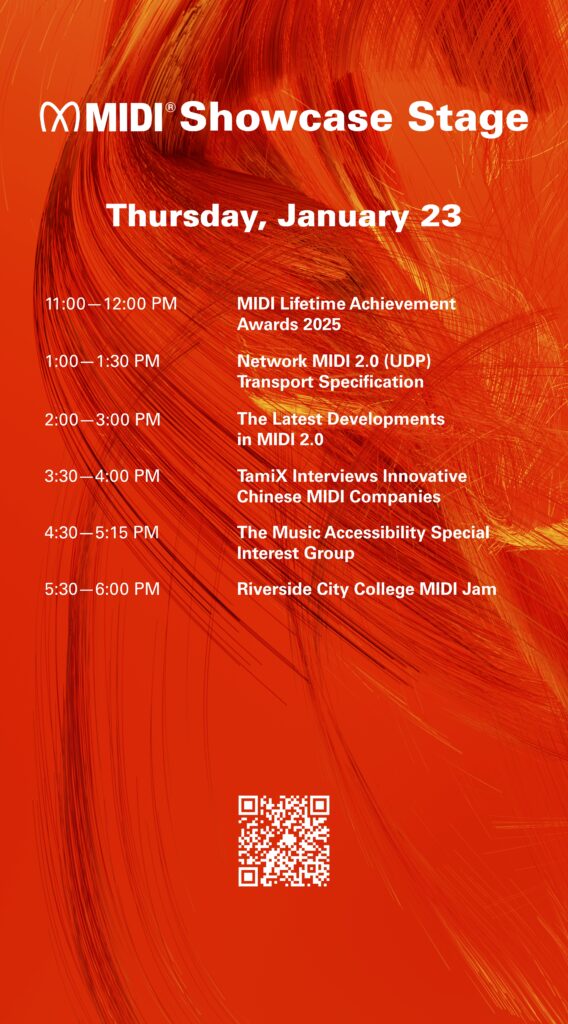 Schedule for the MIDI Showcase Stage on Thursday, January 23, listing events from 11:00 AM to 6:00 PM on an orange background with abstract designs and the MIDI logo at the top.