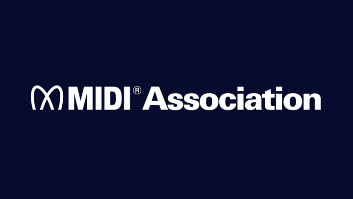 White MIDI Association text and logo on a dark blue background. The logo resembles an abstract letter M placed to the left of the text.