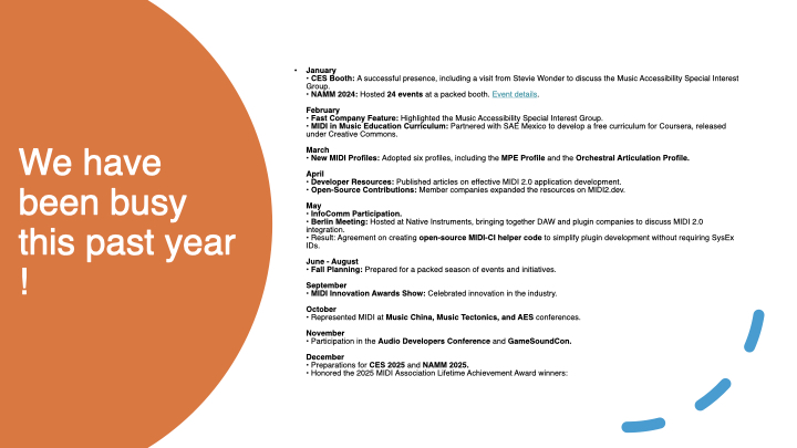 A slide with an orange semi-circle on the left that says We have been busy this past year! and a timeline on the right listing monthly events and achievements related to music technology and accessibility.