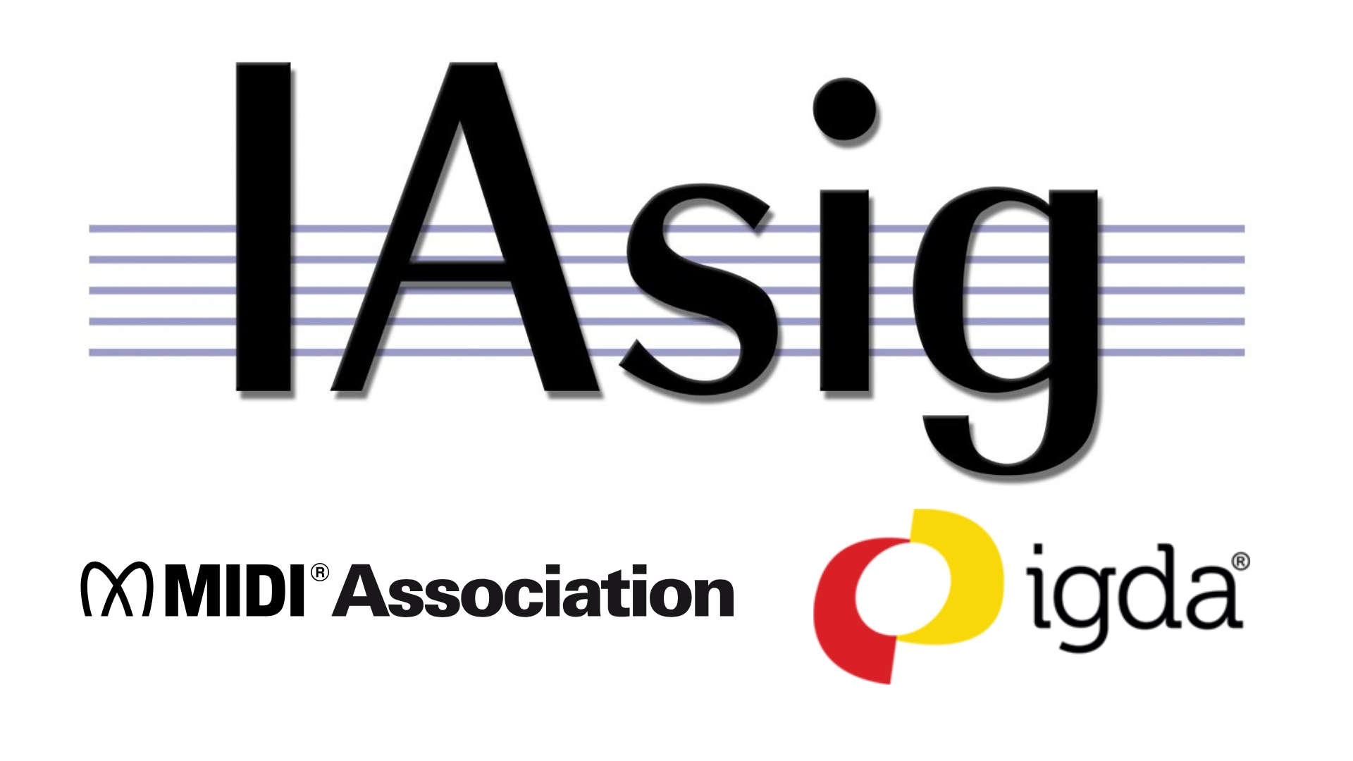 Large text reads “IA sig” with musical staff lines behind the letters. Below are the MIDI Association and IGDA logos with their names. The overall layout suggests a collaborative or organizational theme.