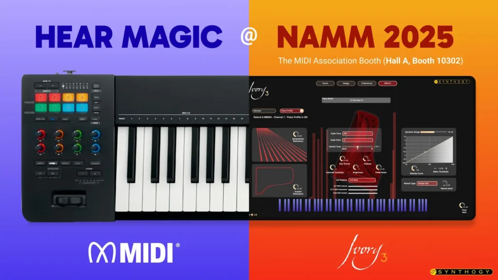 Split image: Left side shows a MIDI keyboard controller on a purple background with “HEAR MIDI MAGIC”; right side displays software (Ivory 3) on an orange background with “NAMM 2025” and event details. Logos shown at bottom.
