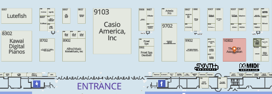 Exhibit hall map showing booths for Casio America, Kawai Digital Pianos, and The MIDI Association, along with several other exhibitors; restrooms and entrance are marked at the bottom.