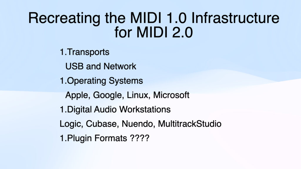 Slide titled Recreating the MIDI 1.0 Infrastructure for MIDI 2.0 lists four points: Transports (USB and Network), Operating Systems (Apple, Google, Linux, Microsoft), Digital Audio Workstations (Logic, Cubase, Nuendo, MultitrackStudio), and Plugin Formats (question marks).