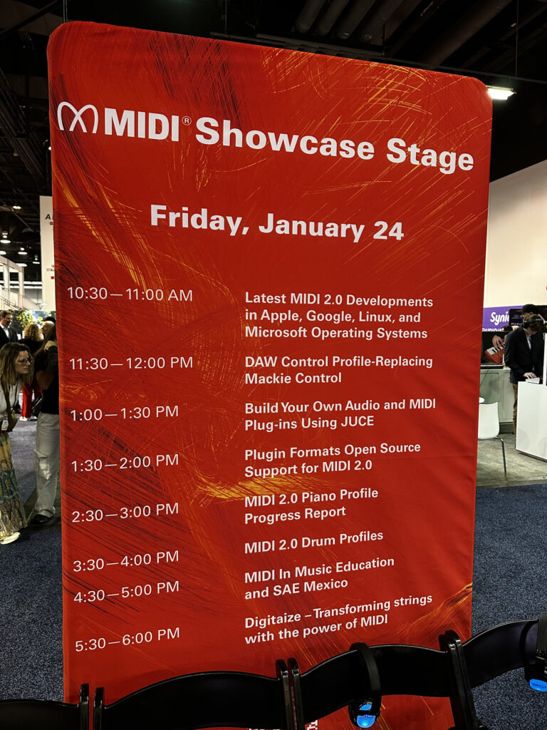 A red event schedule sign titled MIDI Showcase Stage lists sessions for Friday, January 24, including topics like MIDI 2.0 developments, DAW control, plugin formats, and MIDI in music education.