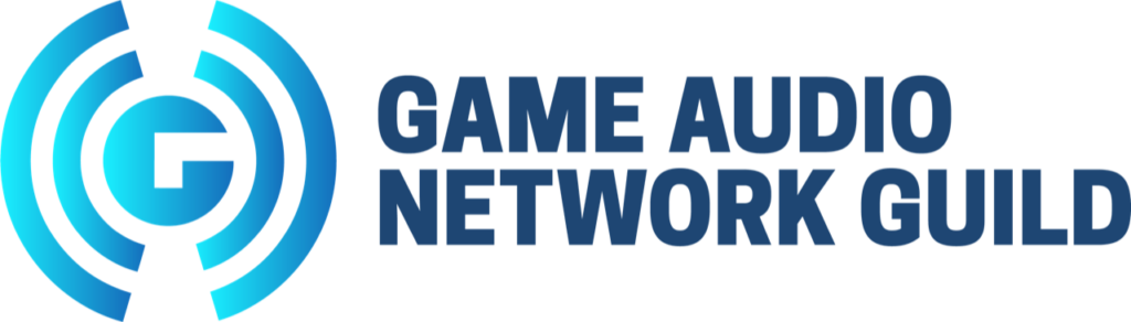Logo for the Game Audio Network Guild featuring a stylized circular design with a G on the left and the organizations name in bold blue text to the right.