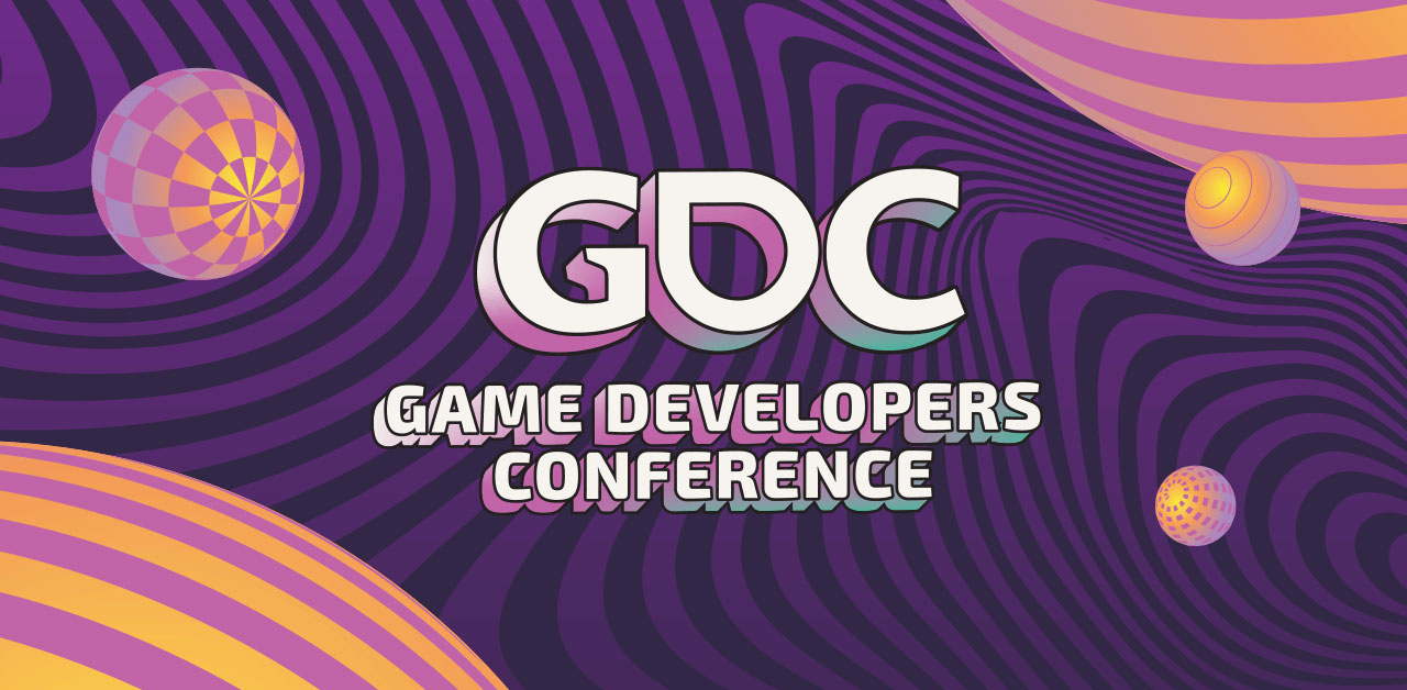 Graphic with GDC GAME DEVELOPERS CONFERENCE in bold white text over a purple background with wavy lines and colorful, patterned spheres and circular shapes in the corners.