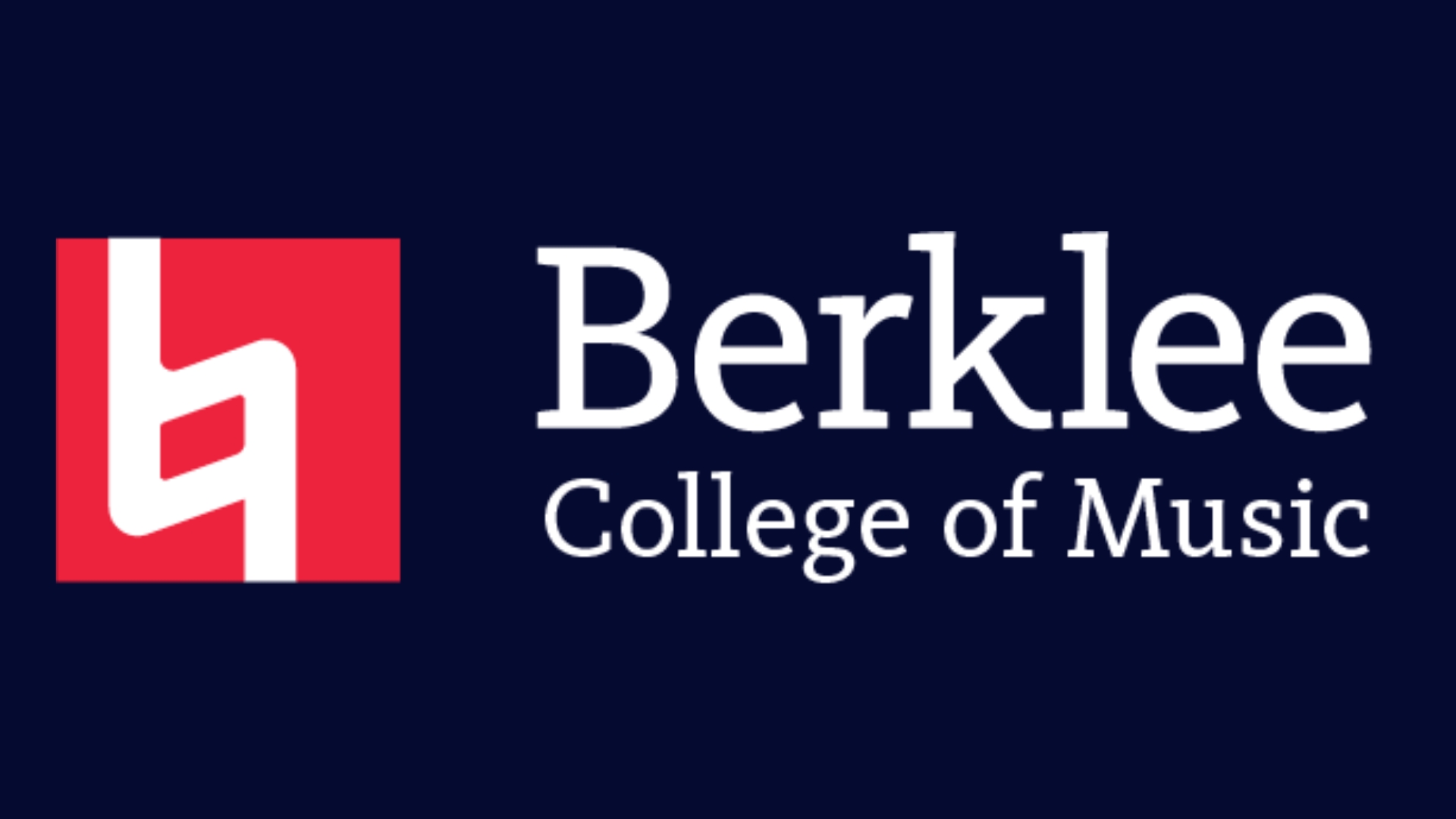 Berklee College of Music logo with a red and white abstract symbol on the left and the words “Berklee College of Music” in white text on a dark blue background.