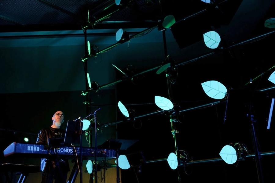 A musician plays a Korg keyboard on stage, illuminated by blue-green lights. Behind him, a large structure is decorated with glowing, leaf-shaped lights arranged in a grid pattern.