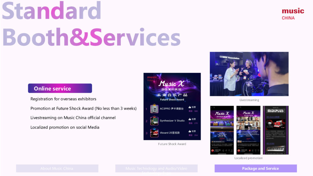 A presentation slide titled “Standard Booth & Services” lists online service options for overseas exhibitors, including livestreaming, promotion, and award participation. Images show livestreaming and a mobile app.