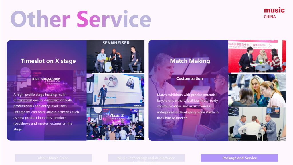 A promotional image for Other Service at Music China, highlighting Timeslot on X stage with event photos on the left, and Match Making with network meeting photos on the right, both with descriptive text.