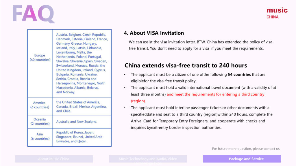 An informational FAQ page about visa-free transit in China, listing 54 eligible countries in a box on the left, and outlining the 240-hour visa-free transit policy requirements on the right, with links and “music CHINA” branding.