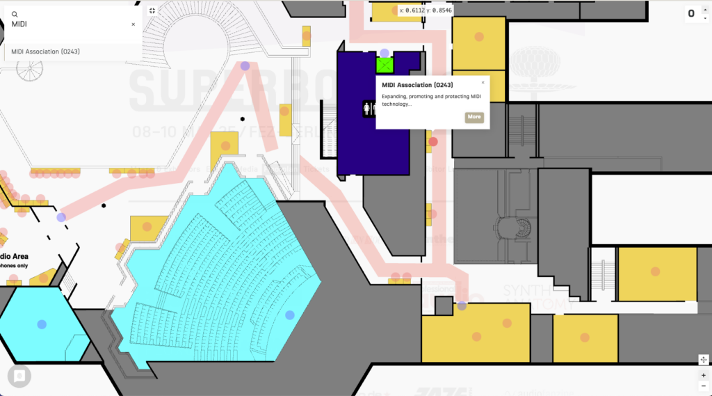 A digital floor map highlights a route in pink leading to a dark blue room labeled “MIDI Association (3243),” with a popup describing the organization. Light blue areas represent seating sections in nearby halls.