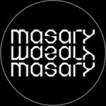 White text in a modern, geometric font spells Masary twice, with the second instance mirrored vertically below the first, all set against a black circular background with a thin white border.