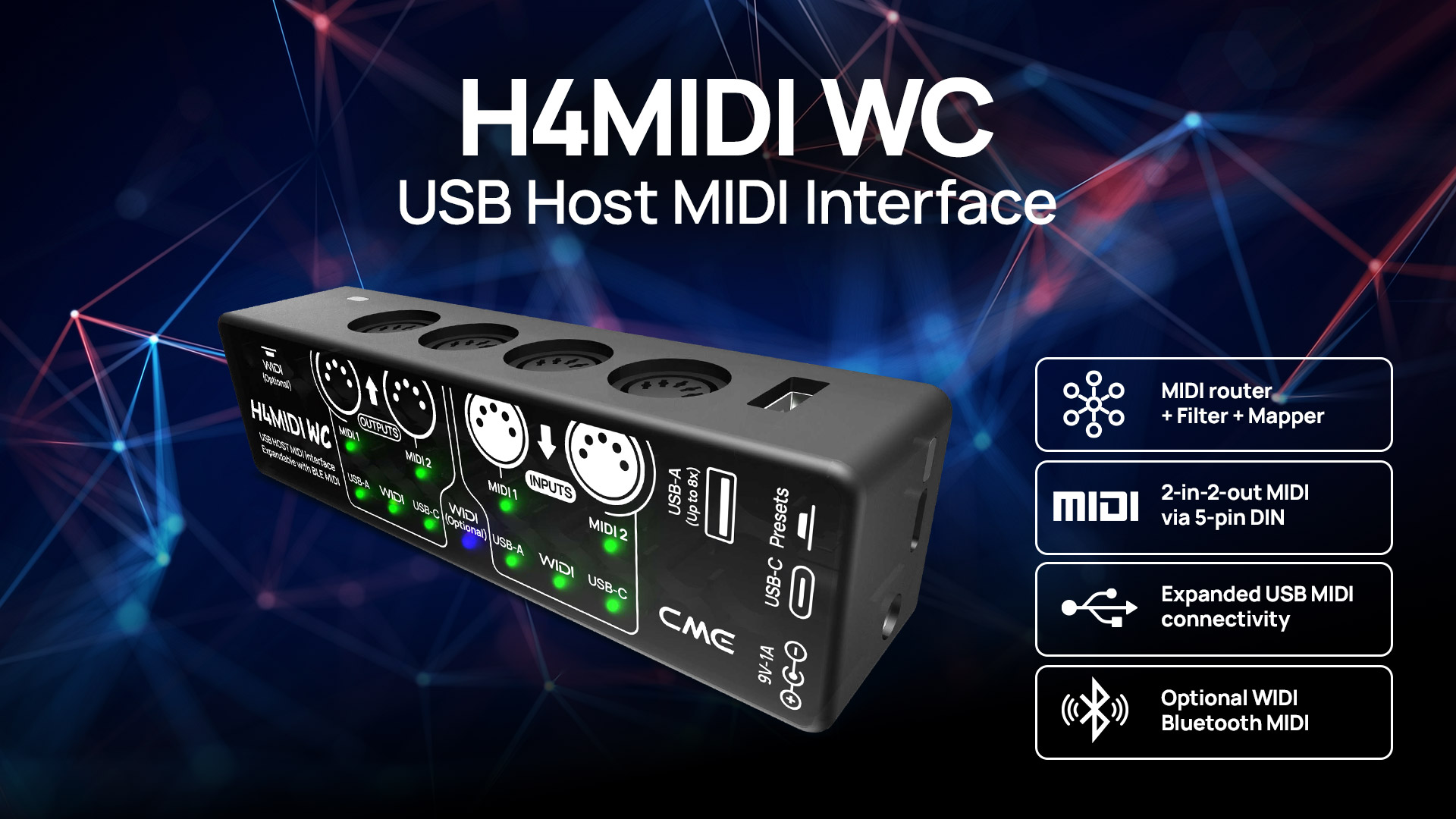 A CME H4 MIDI WC USB Host MIDI Interface is shown with ports and indicator lights. Feature icons highlight MIDI routing, 2-in-2-out MIDI, USB MIDI, and optional Bluetooth MIDI, against a digital network background.