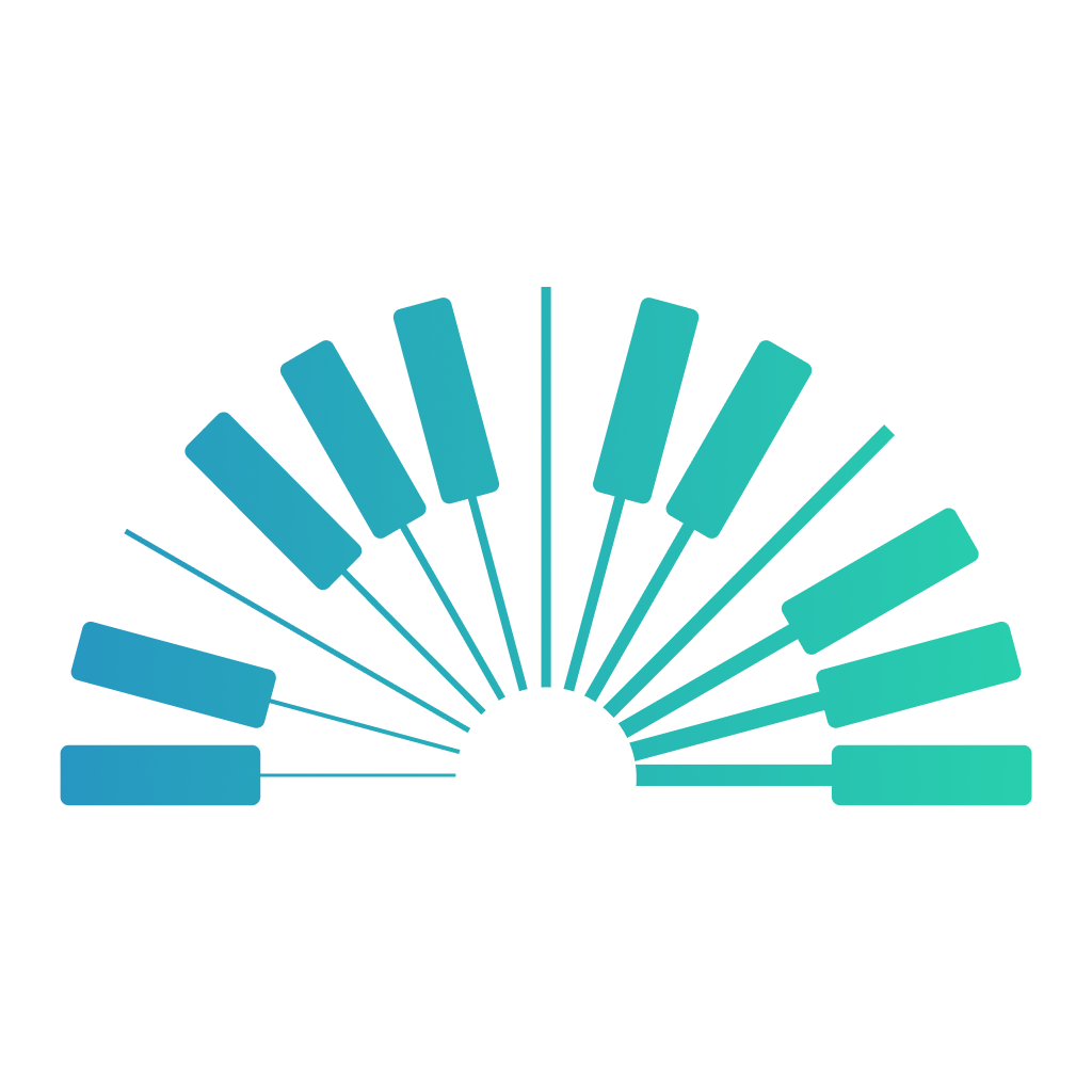 A minimalist, semicircular graphic with ten blue-to-green gradient bars radiating outward from a central point on a white background.