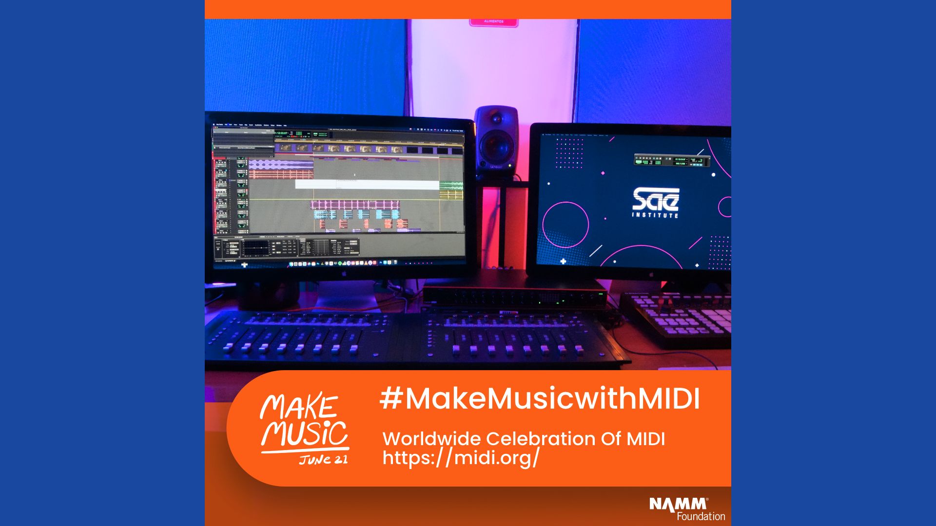 Two computer monitors on a music production desk display digital audio software. An orange banner reads “#MakeMusicwithMIDI,” “Worldwide Celebration Of MIDI,” with the Make Music and NAMM Foundation logos.