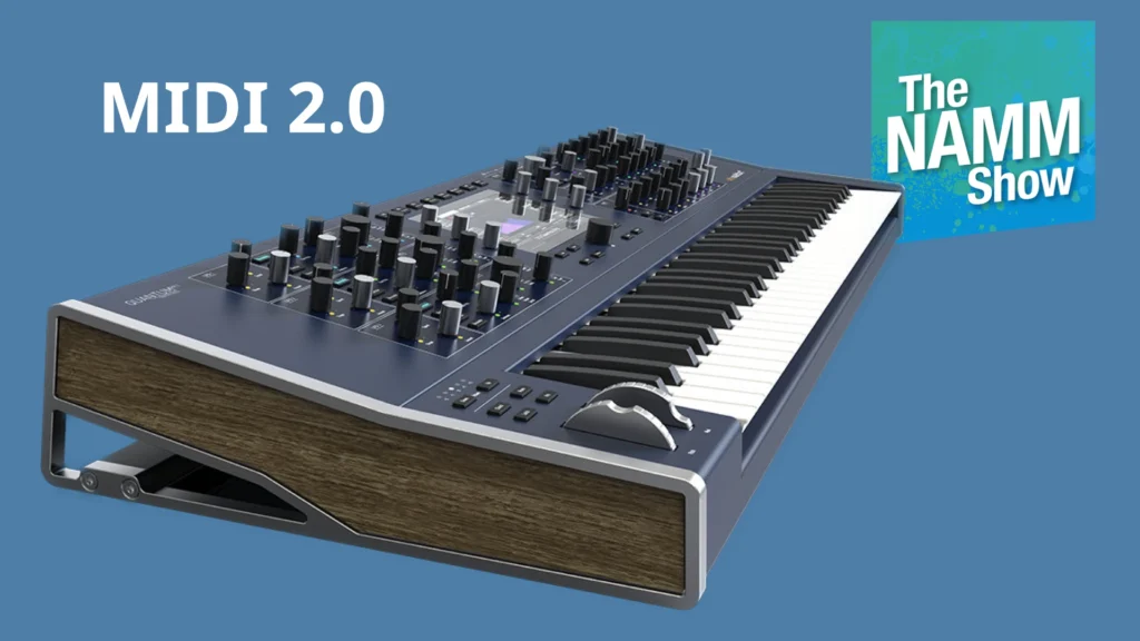 A modern MIDI keyboard synthesizer with numerous knobs and controls is shown on a blue background. MIDI 2.0 and The NAMM Show logo are displayed in white and teal text.
