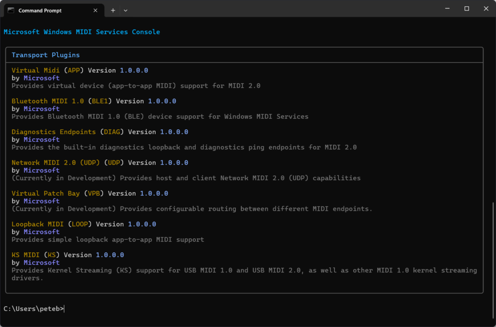 Command Prompt window displaying the Microsoft Windows MIDI Services Console. It lists various Transport Plugins, including Virtual MIDI, Bluetooth MIDI, Diagnostics Endpoints, Virtual Patch, Loopback MIDI, and Windows Driver Bridge, each with descriptions and version numbers.
